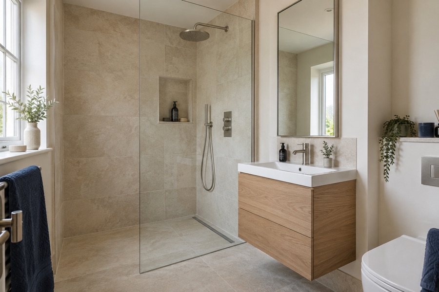 Illustrative finished bathroom with a walk-in shower and oak vanity