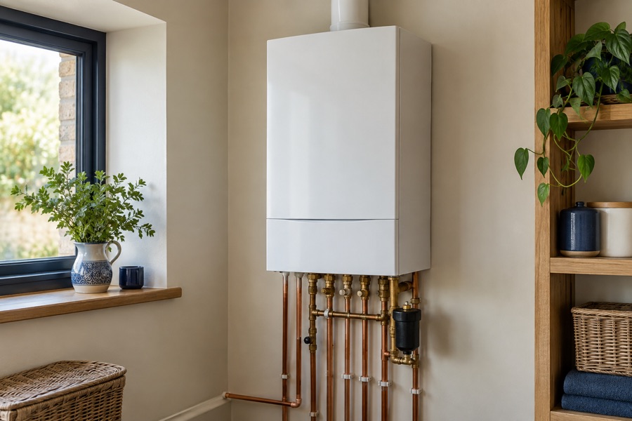 Illustrative boiler installation with copper pipework in a British home