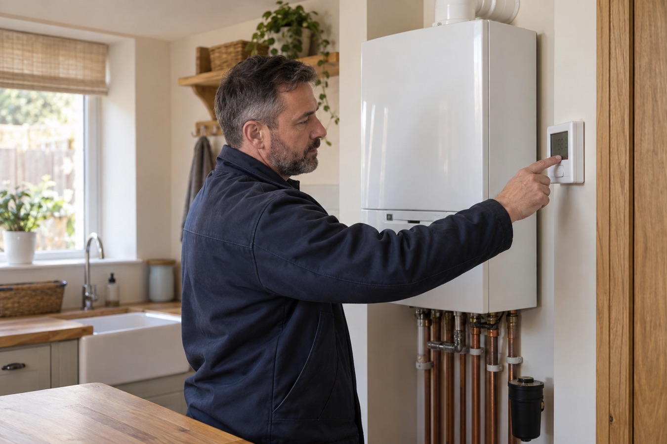 Illustrative heating engineer checking a boiler control in a British home