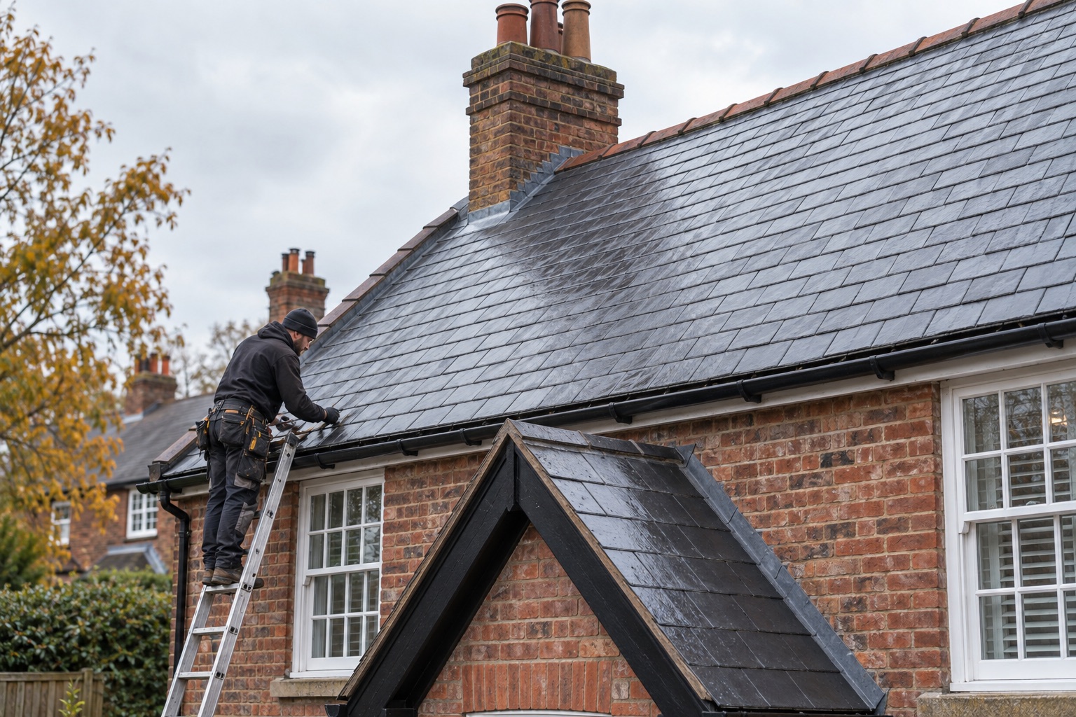 A roofer working on the slate roof of a British home