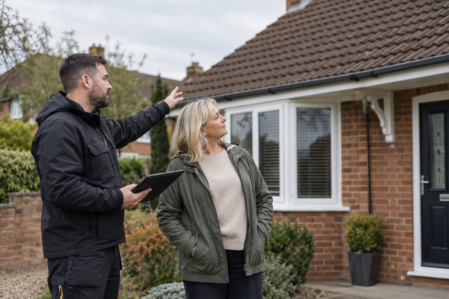 A roofer discusses the roof with a homeowner after an inspection